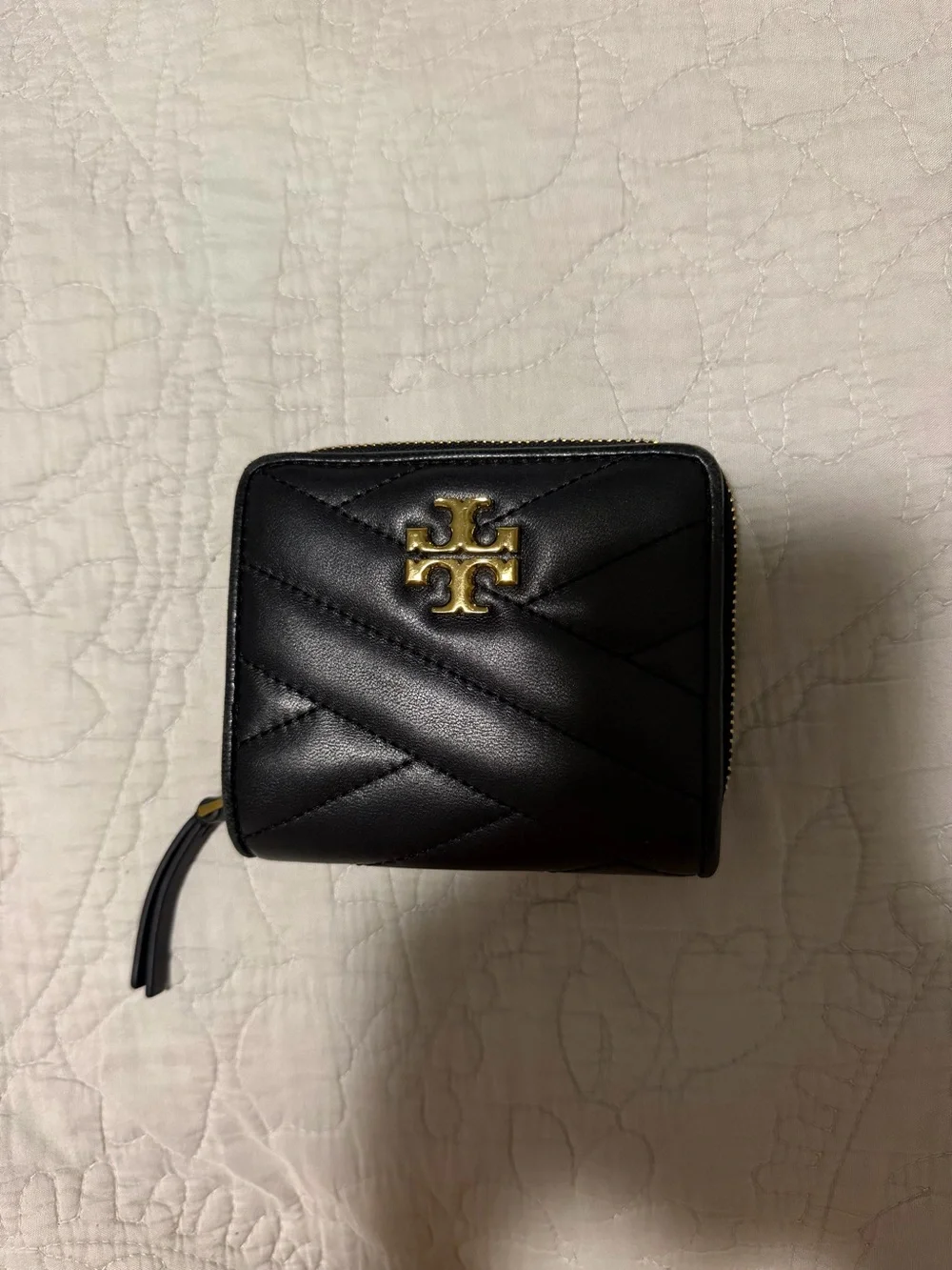 Tory Burch Black Quilted Leather Zip Card Case with Gold Logo